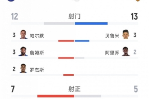 切尔西2-2赫尔城全场数据:射门12-13,射正7-5,得分机会2-4