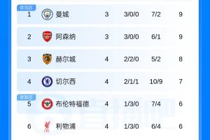 英超积分榜:赫尔城4轮不败第3 蓝军第4红军第6 今晨枪手热刺出战